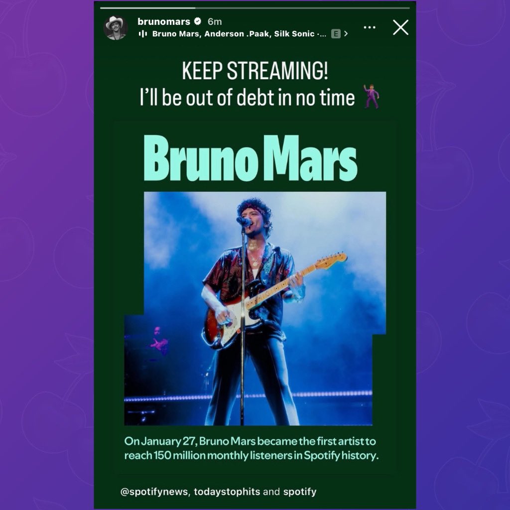 Tembus 150 Juta Pendengar Bulanan Spotify, Bruno Mars: Ayo Streaming Biar Hutangku Cepat Lunas!